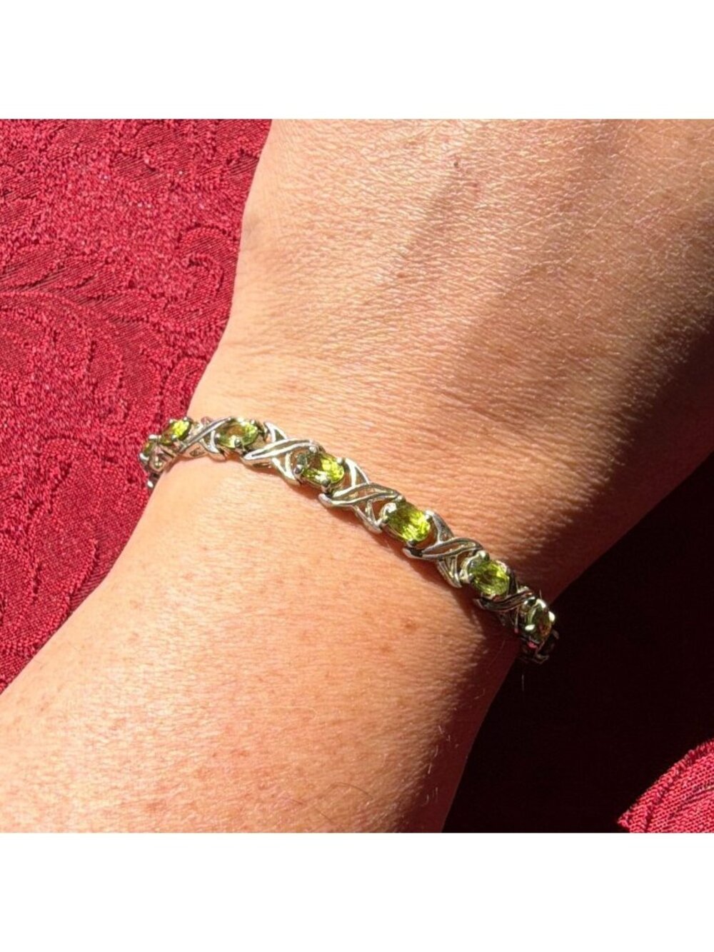 Vintage Sterling Silver Green Peridot XO Hugs Kisses Oval Tennis Bracelet 7.25"